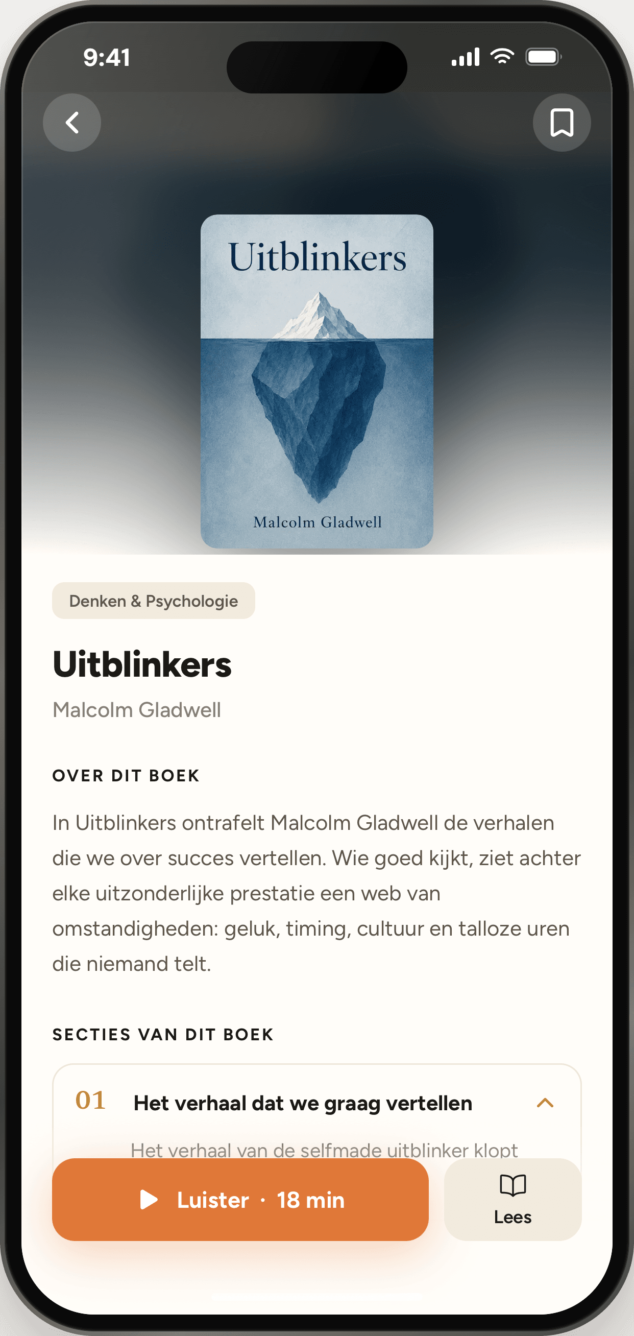 Het boekdetailscherm van de LeesNu-app: Uitblinkers van Malcolm Gladwell met een samenvatting, de secties van het boek en knoppen om te luisteren of te lezen.