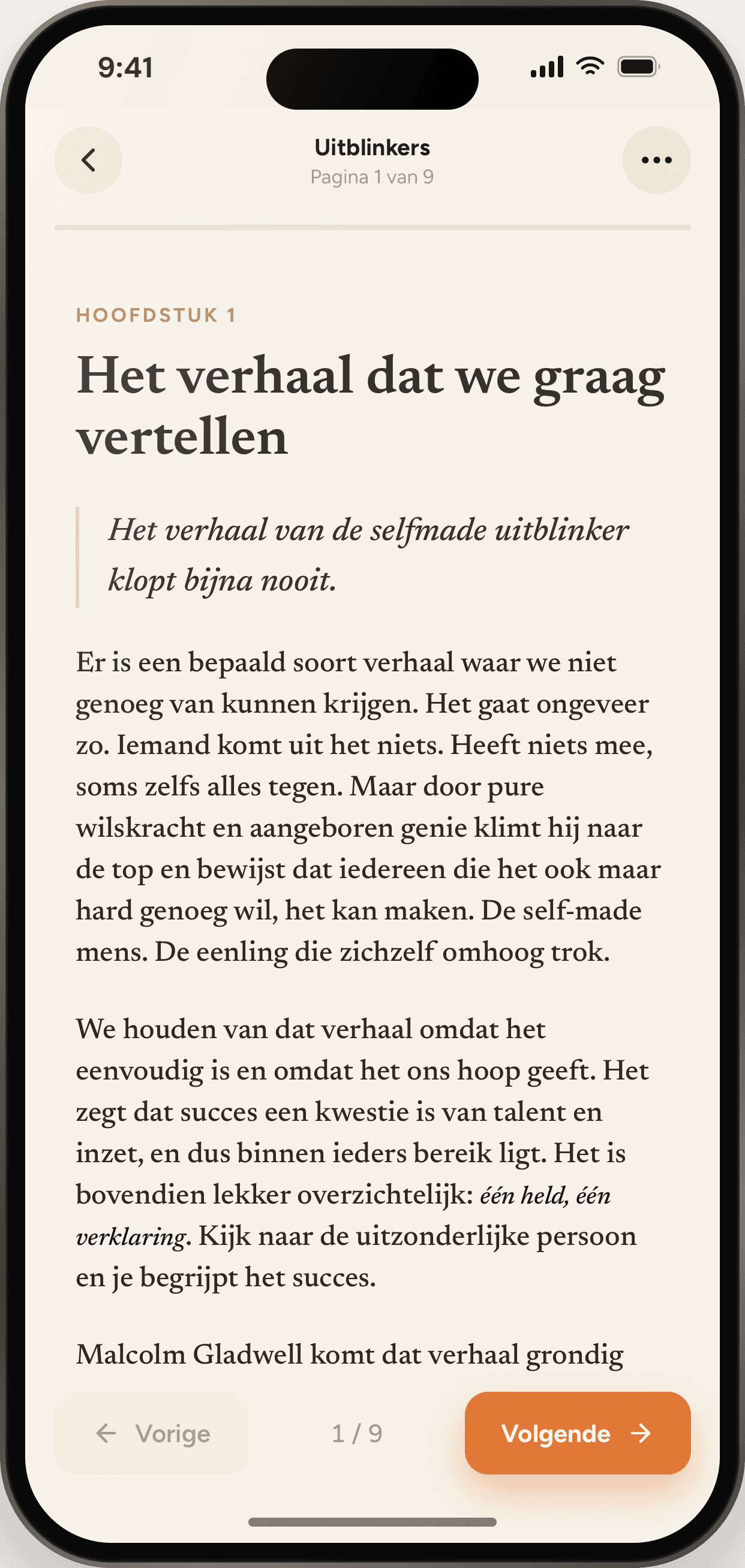 Het leesscherm van de LeesNu-app: een kernidee uit Uitblinkers van Malcolm Gladwell, met de kernzin uitgelicht en navigatie naar het volgende idee.